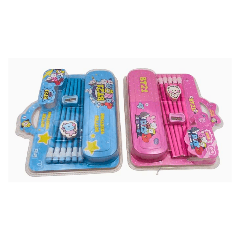 BTS Cartoon Metal Pencil Box 6 Pencils 1 Eraser and Sharpener 3