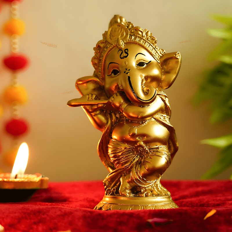 Golden Ganesha Playing Bansuri Ganesh Idol Statue Showpiece